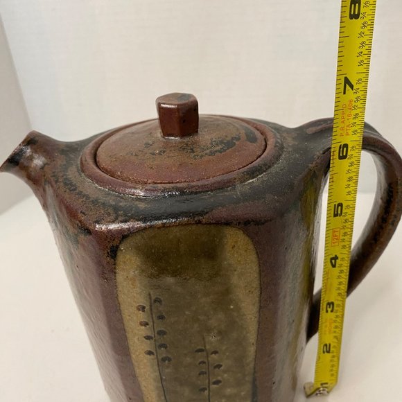 Vintage stoneware brown hexagonal teapot coffeepot handmade w/handle top 6.5" - Picture 7 of 8
